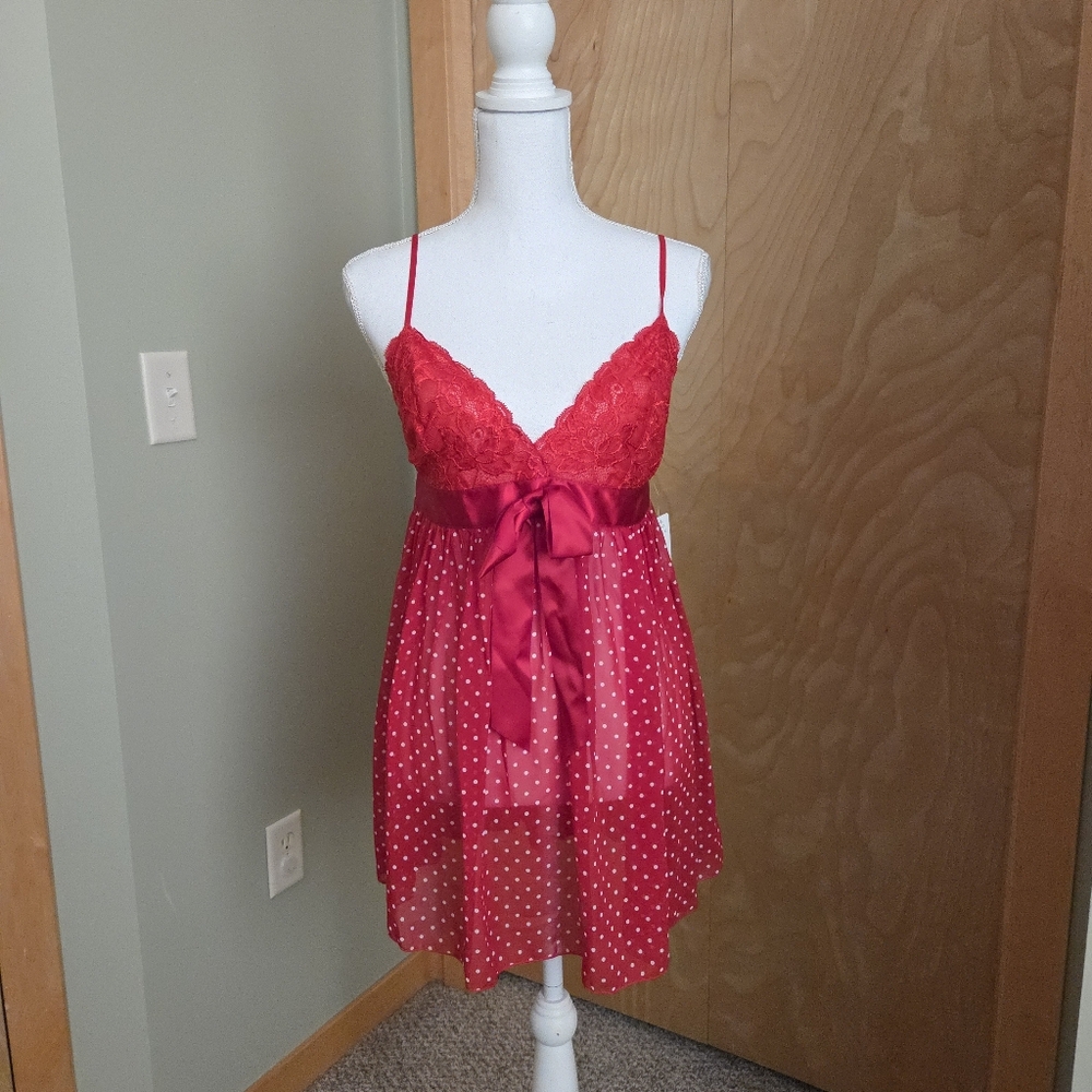 Red Lace & Polka Dot Satin-Trim Chemise Slip With Matching g String panty Thong